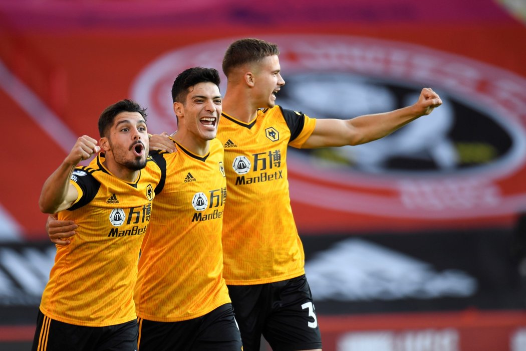 Fotbalisté Wolves oslavují branku do sítě Sheffieldu