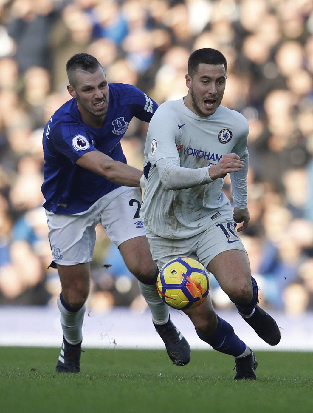 Morgan Schneiderlin z Evertonu bojuje s hvězdou Chelsea Edenem Hazardem o míč