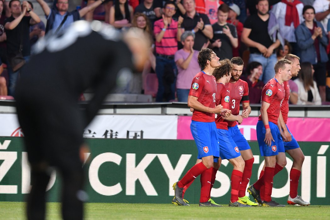 Český národní tým se raduje z první trefy proti Bulharsku, v popředí smutní brankář Nikolay Mihaylov