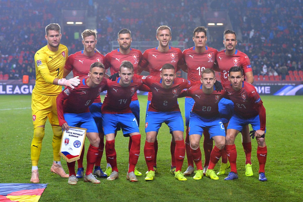 Česká fotbalová reprezentace v Lize národů v roce 2019: Tomáš Vaclík, Tomáš Kalas, Ondřej Čelůstka, Tomáš Souček,  Patrik Schick, Filip Novák,  dolní řada zleva Bořek Dočka, Jakub Jankto, Pavel Kadeřábek, Matěj Vydra, David Pavelka