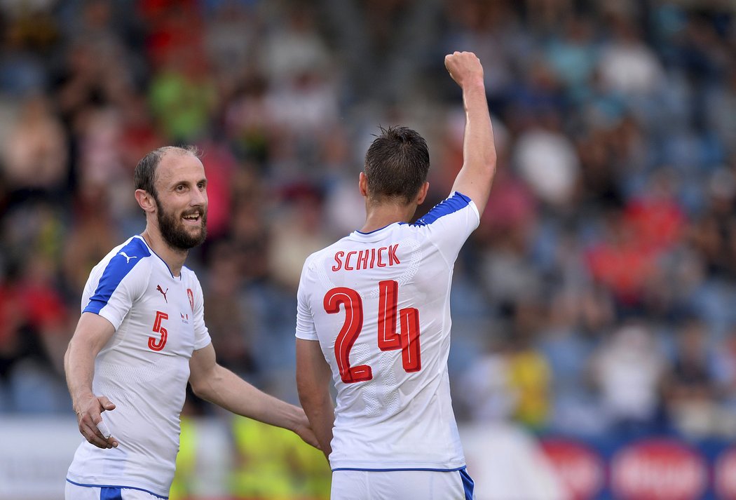 Útočník Patrik Schick slaví premiérovou trefu v A týmu české reprezentace.