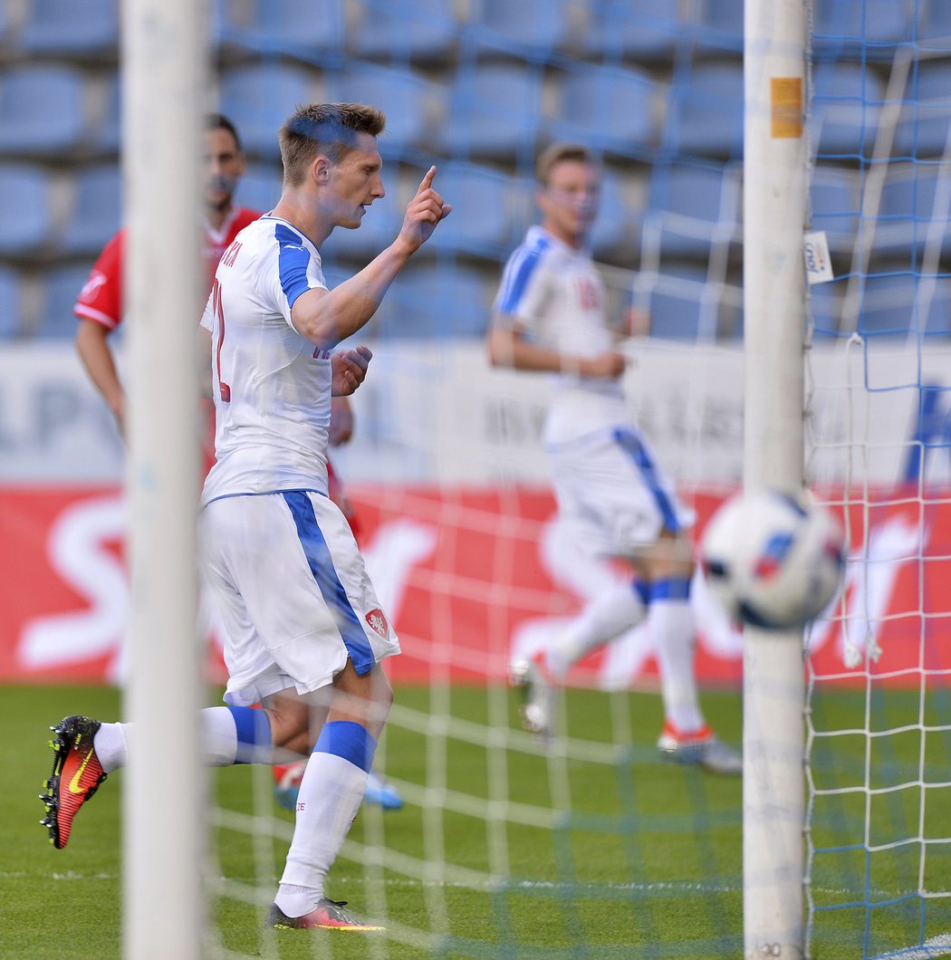 Útočník české reprezentace Milan Škoda slaví gól v síti Malty.