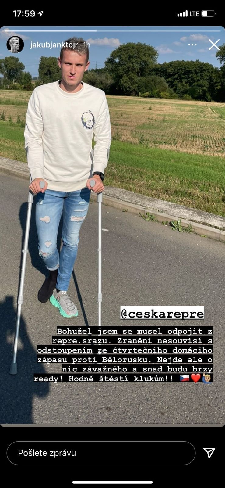 Jakub Jankto se ke zranění vyjádřil na Instagramu a spoluhráčům popřál hodně štěstí