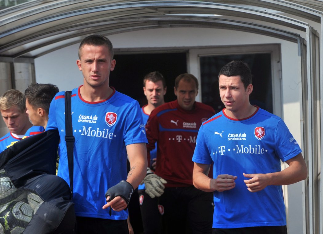 Tomáš Pekhart a Marek Suchý před reprezentačním tréninkem