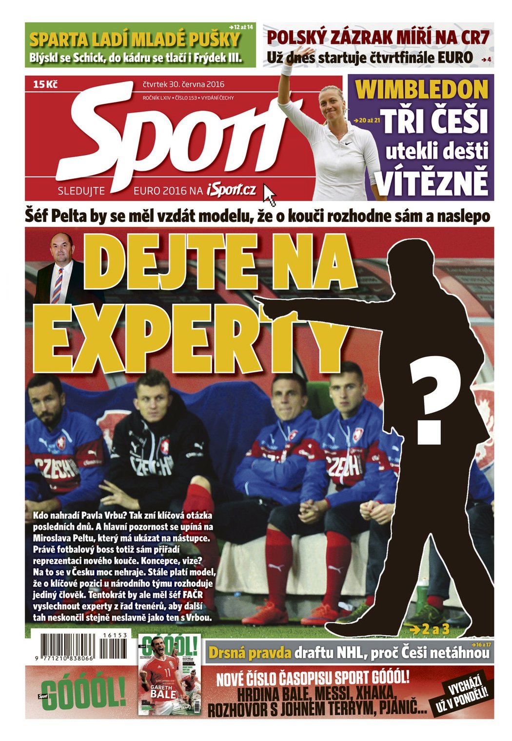 Titulní strana deníku Sport 30.6. 2016