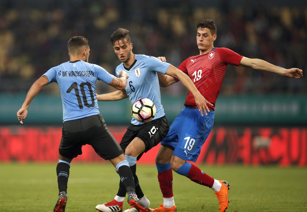 Patrik Schick v zápase s Uruguayí na China Cupu