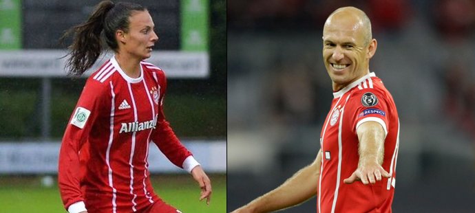 Českou fotbalistku Lucii Voňkovou zdraví u oběda i její kolega z mužského týmu Arjen Robben