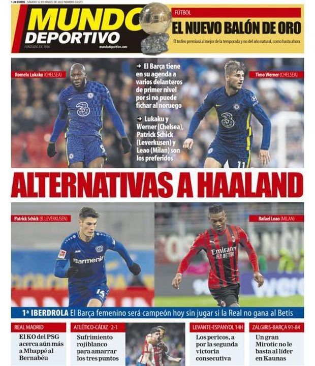 Patrik Schick se objevil na titulní straně španělského deníku Mundo Deportivo ve výběru alternativ na post útočníka, pokud Barcelona nezíská Erlinga Haalanda Patrik Schick se objevil na titulní straně španělského deníku Mundo Deportivo ve výběru alternativ na post útočníka, pokud Barcelona nezíská Erlinga Haalanda