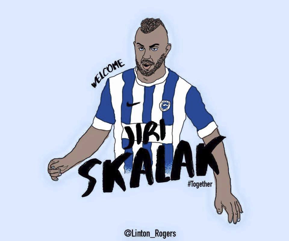 Kresba, na které je fotbalový útočník Jiří Skalák v novém dresu Brightonu