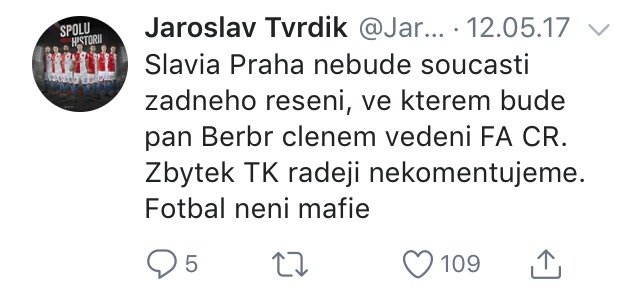 Jaroslav Tvrdík se proti Romanu Berbrovi a jeho tazích v českém fotbale ohradil na Twitteru