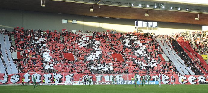 Choreo domácích fanoušků.oslavilo narozeniny Slavie