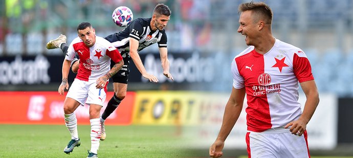 Slavia v Budějovicích dominovala, zářili Stanislav Tecl (vpravo) i Nicolae Stanciu