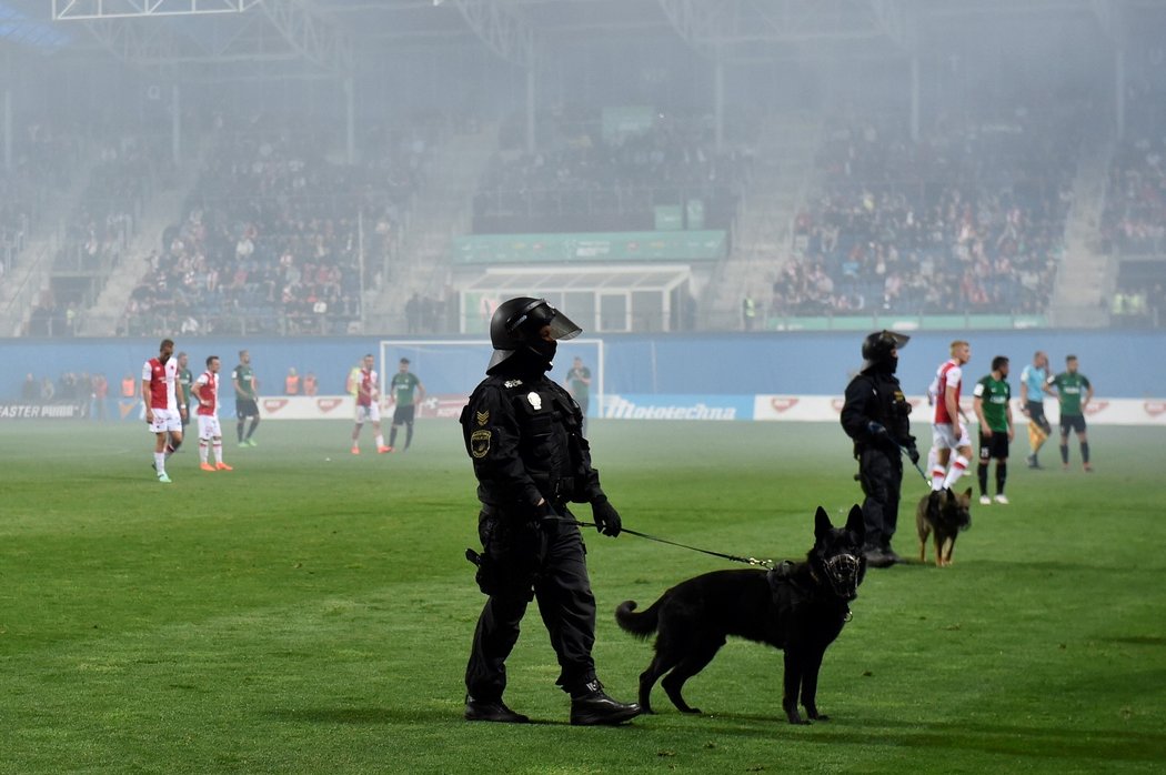 Fanoušky při finále Mol Cupu mezi Slavií a Jabloncem hlídala na hřišti policie