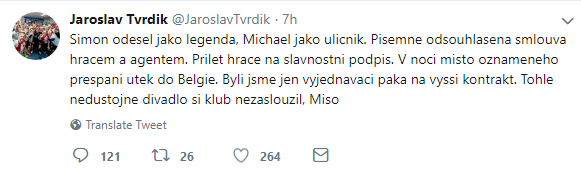 Tweet Jaroslava Tvrdíka o odchodu Michaela Ngadeua