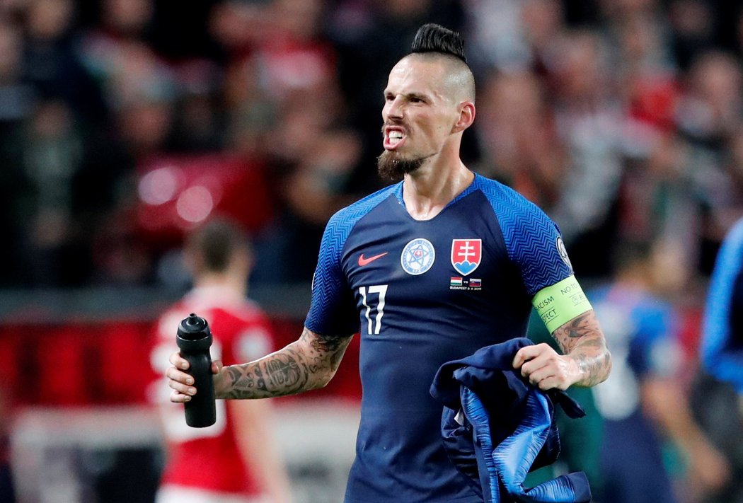 Kapitán slovenské fotbalové reprezentace Marek Hamšík se raduje po výhře v Maďarsku