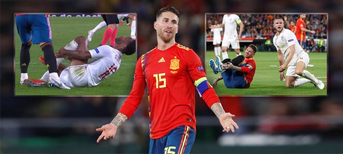 Španělský kapitán Sergio Ramos byl v utkání s Anglií opět středem pozornosti