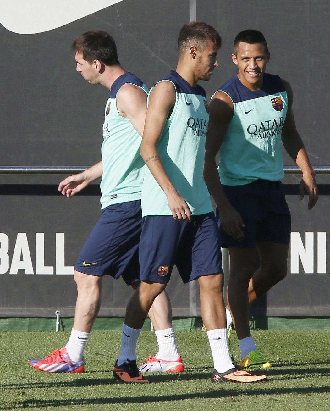 Lionel Messi, Neymar a Alexis Sanchez na tréninku Barcelony