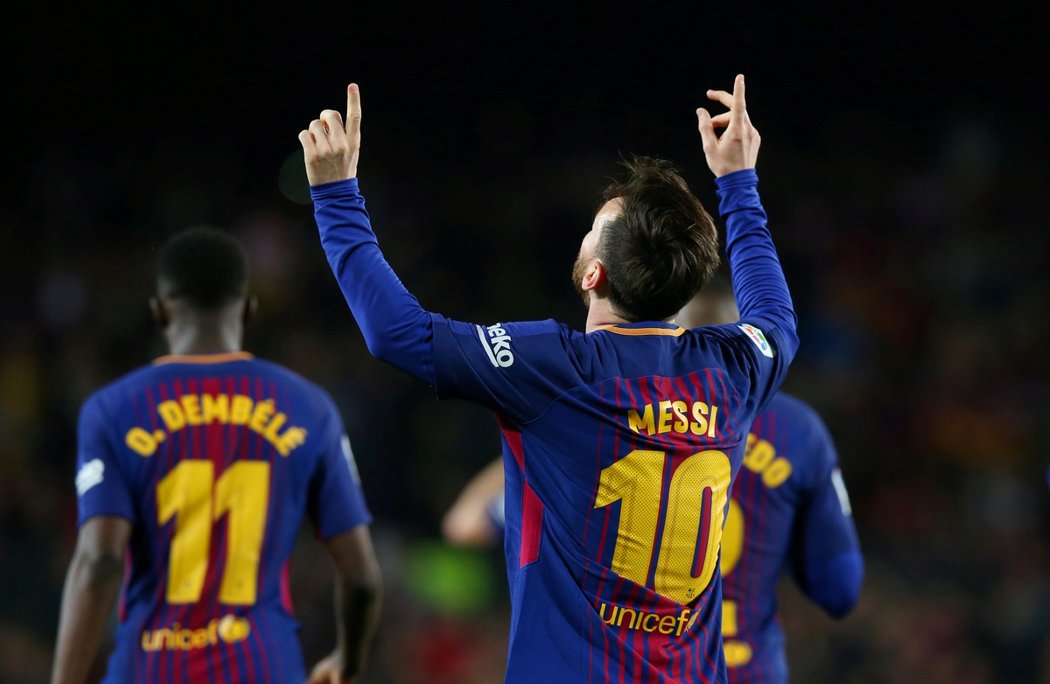 Barcelonský šutér Lionel Messi slaví jednu z branek do sítě Leganes