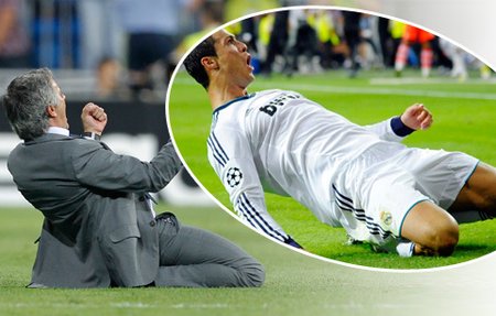 Trenér Realu José Mouirnho slavil branku Cristiana Ronalda do sítě Manchesteru City podobným stylem jako samotný střelec
