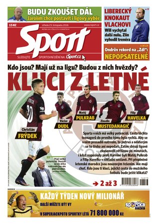 Titulní strana deníku Sport 23. listopadu 2016