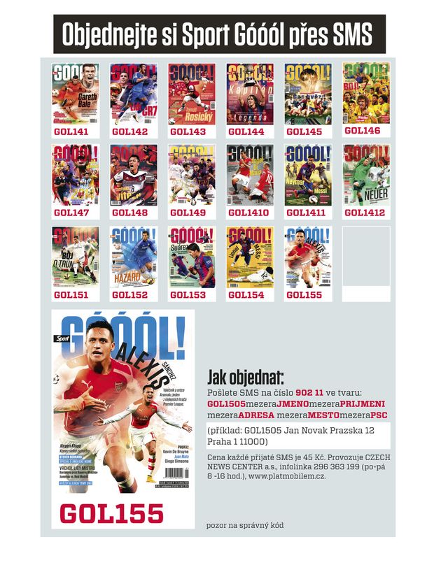 Objednávejte si časopis Sport GÓÓÓL přes SMS (starší čísla pouze od začátku roku 2014). Objednávejte si časopis Sport GÓÓÓL přes SMS (starší čísla pouze od začátku roku 2014).