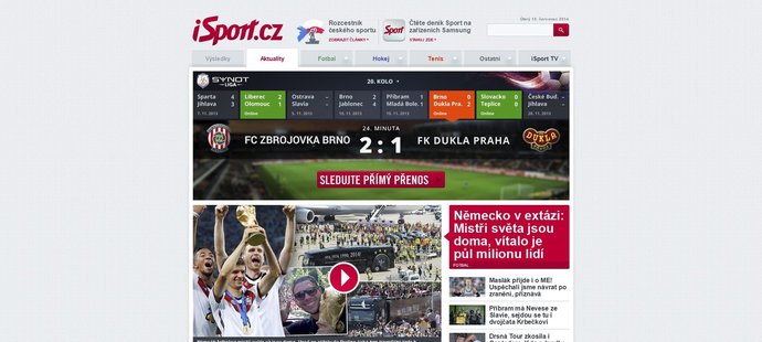 Homepage portálu iSport.cz s přímým přenosem