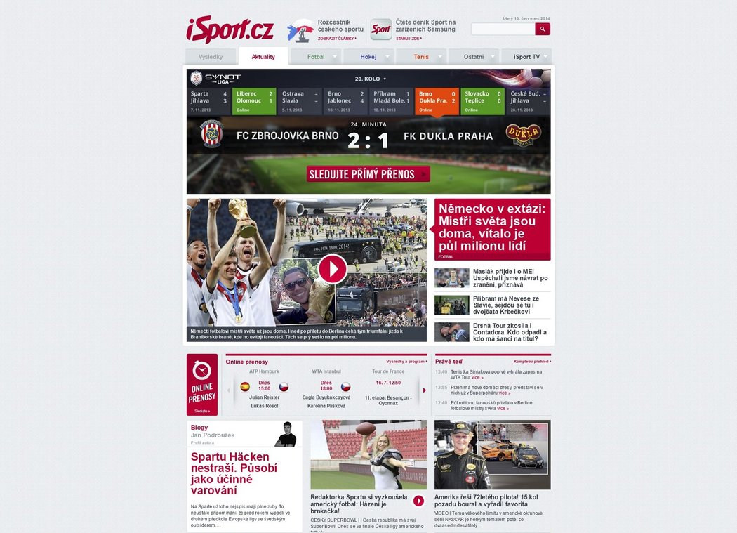 Homepage portálu iSport.cz s přímým přenosem