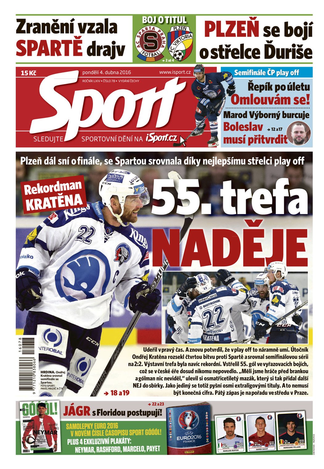 Titulní strana deníku Sport 4.4. 2016