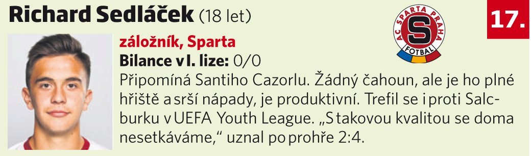 17. Richard Sedláček (18 let, záložník, Sparta)