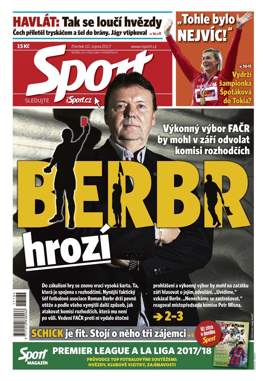 Titulní strana deníku Sport 10. srpna 2017