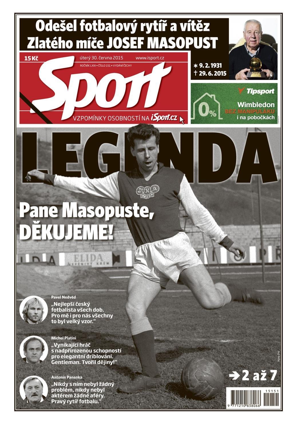 Úterní deník Sport přináší vzpomínky na Josefa Masopusta na šesti stranách...