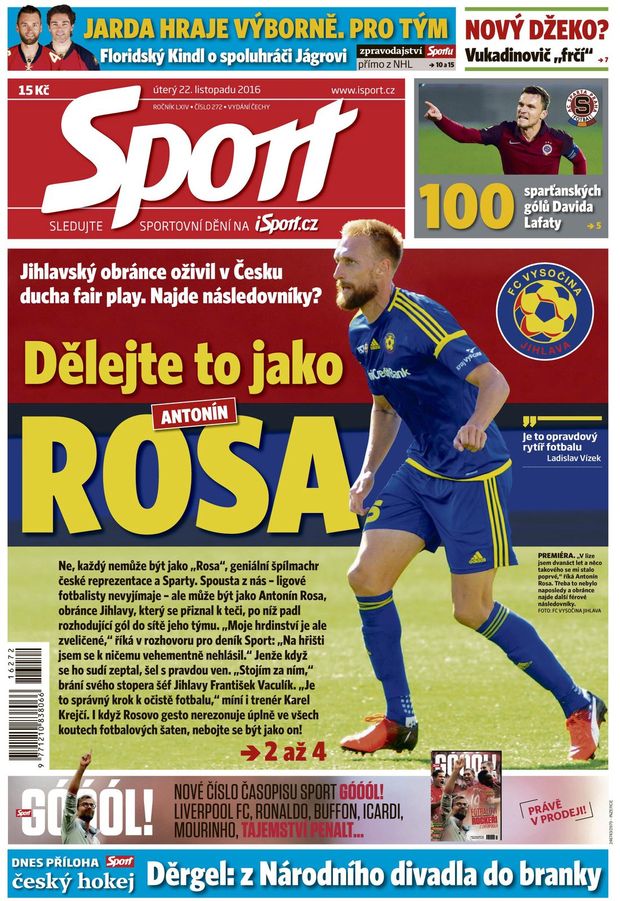 Titulní strana deníku Sport 22. listopadu 2016 Titulní strana deníku Sport 22. listopadu 2016