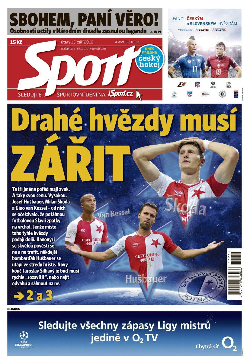 Titulní strana deníku Sport 13. září 2016