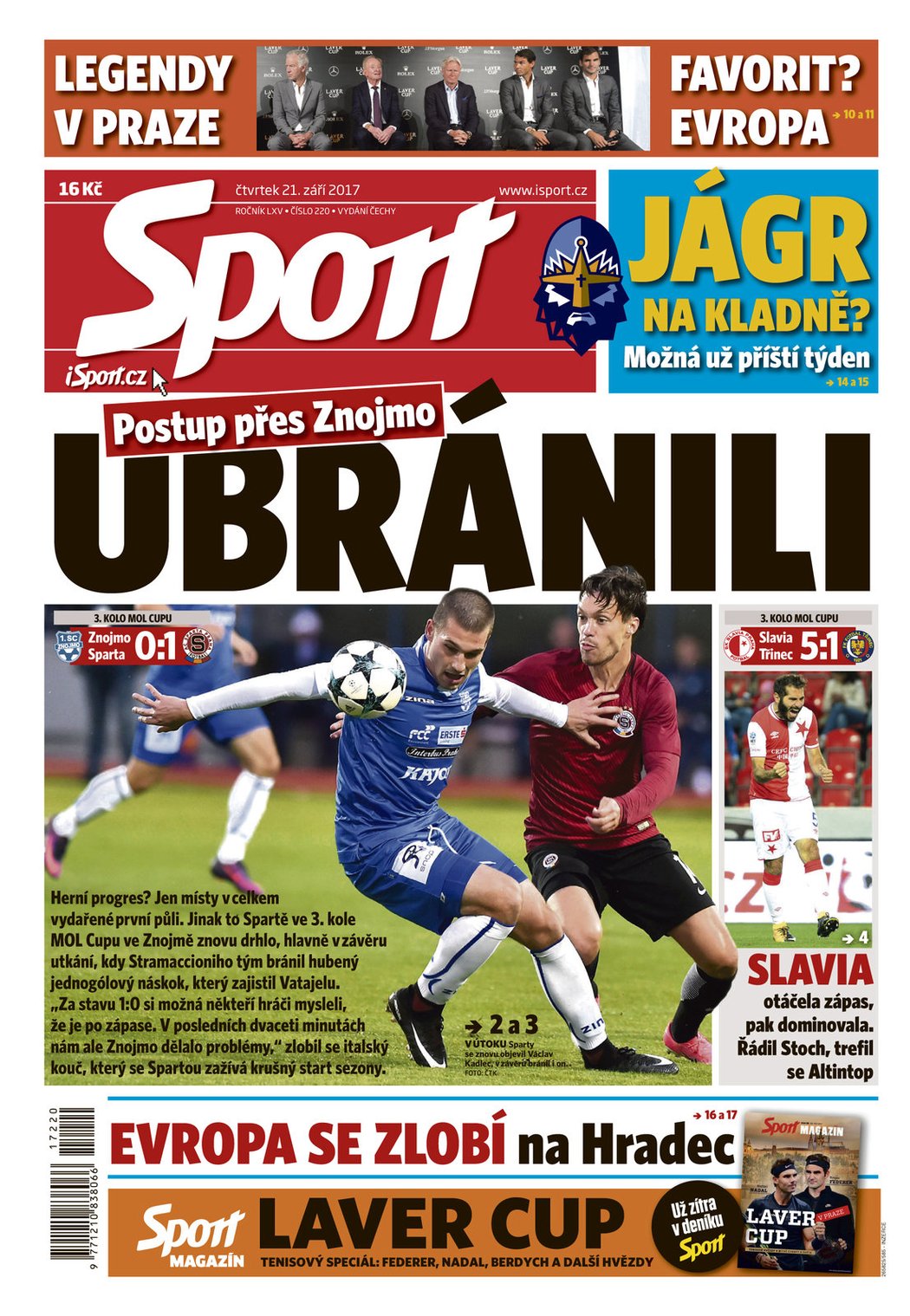 Titulní strana deníku Sport 21. září 2017