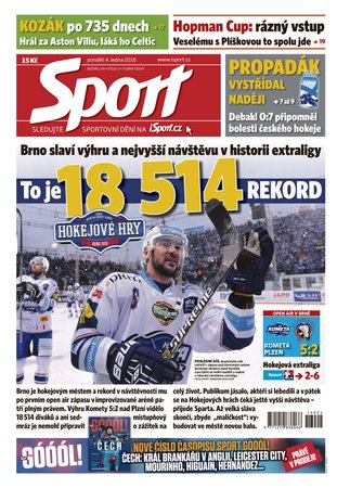 Titulní strana deníku Sport v pondělí 3. ledna 2016