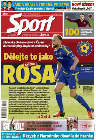 Titulní strana deníku Sport 22. listopadu 2016