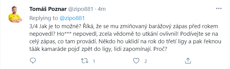 Tomáš Poznar na Twitteru zveřejnil reakci na sudího Matějčka