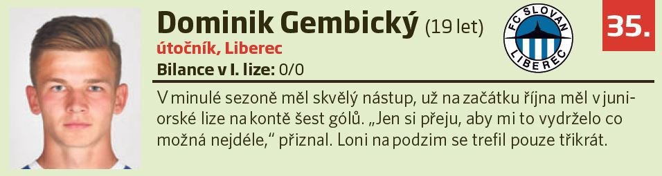 35. Dominik Gembický (19 let, útočník, Liberec)