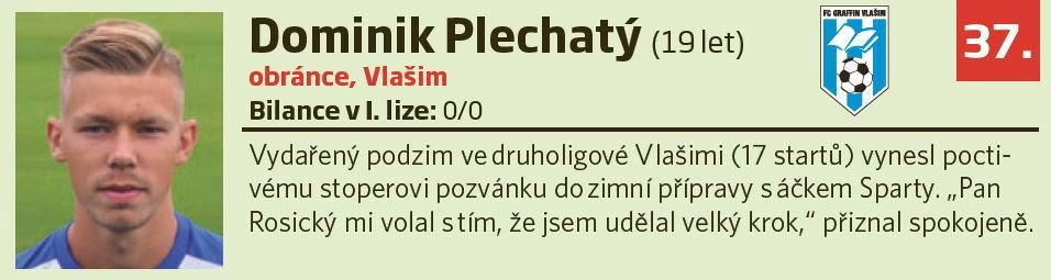 37. Dominik Plechatý (19 let, obránce, Vlašim)