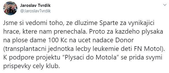 Jaroslav Tvrdík na Twitteru oznámil, že Slavia za plyšáky na hřišti v derby podpoří nadaci Donor