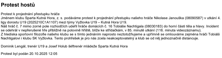 Trenér podal protest proti vlastnímu hráči - zápis o utkání Trenér podal protest proti vlastnímu hráči - zápis o utkání