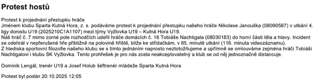 Trenér podal protest proti vlastnímu hráči - zápis o utkání Trenér podal protest proti vlastnímu hráči - zápis o utkání