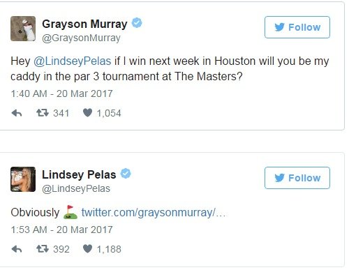 Modelka Lindsey Pelasová přislíbila golfistovi Graysonu Murraymu, že mu bude dělat caddyho na Masters. Pokud se tam Američan kvalifikuje. Takhle došlo k dohodě.
