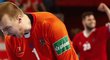 Český brankář Tomáš Mrkva se raduje v zápase proti Německu na úvod čtvrtfinálové skupiny mistrovství Evropy