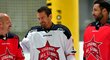 Luděk Zelenka (vlevo), Petr Průcha (uprostřed) a brankář Ondřej Pavelec (vpravo) v dresu Legends All-Stars týmu