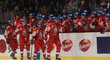 Čeští hokejisté oslavují gól proti Rakousku