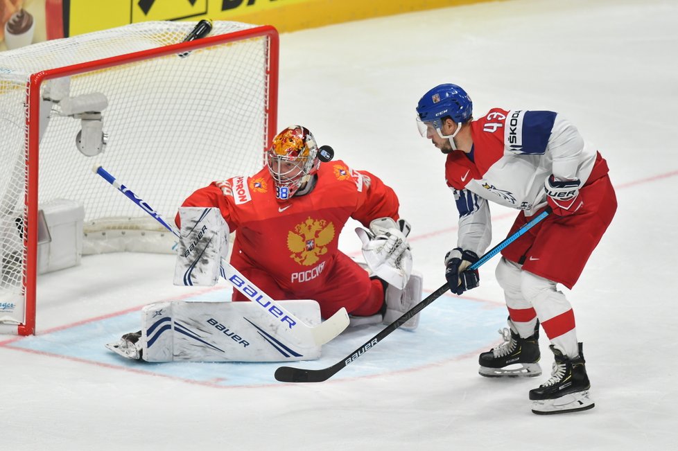 Rsuký brankář Andrej Vasilevskij předváděl po celé utkání s českým národním týmem výborný výkon.