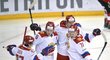 Ruští hokejisté Nikita Gusev, Sergej Plotnikov, Maxim Šalunov a Kirill Kaprizov slaví gól v utkání proti Švýcarsku