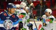 Karlovarští hokejisté se radují ze vstřelené branky do sítě Liberce