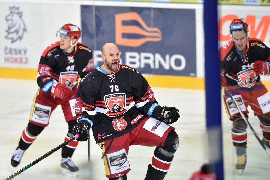 Hradecký útočník Radek Smoleňák oslavuje svojí trefu v přesilovce